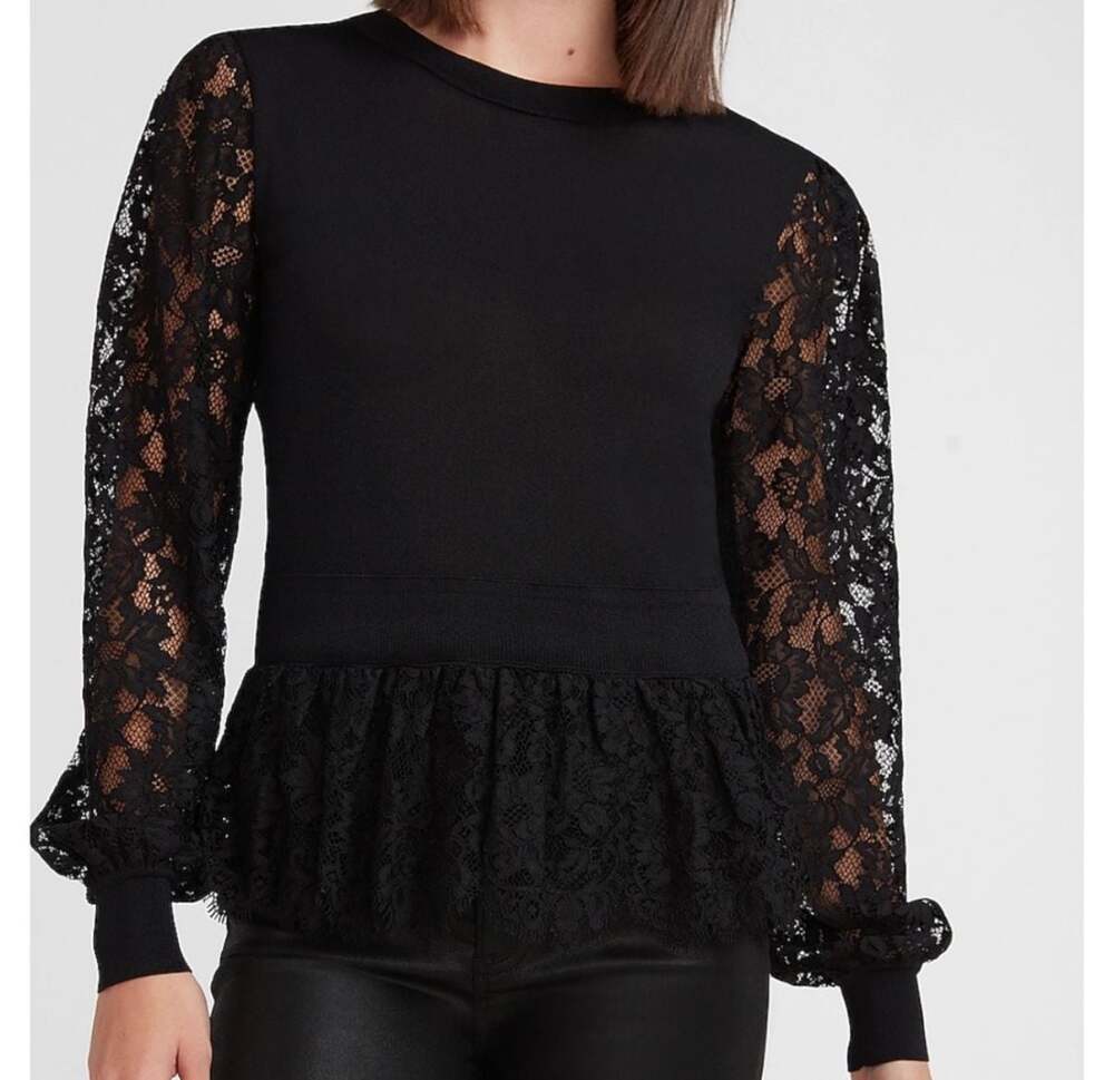 Express Black Lace Sleeve Crew Neck Sweater